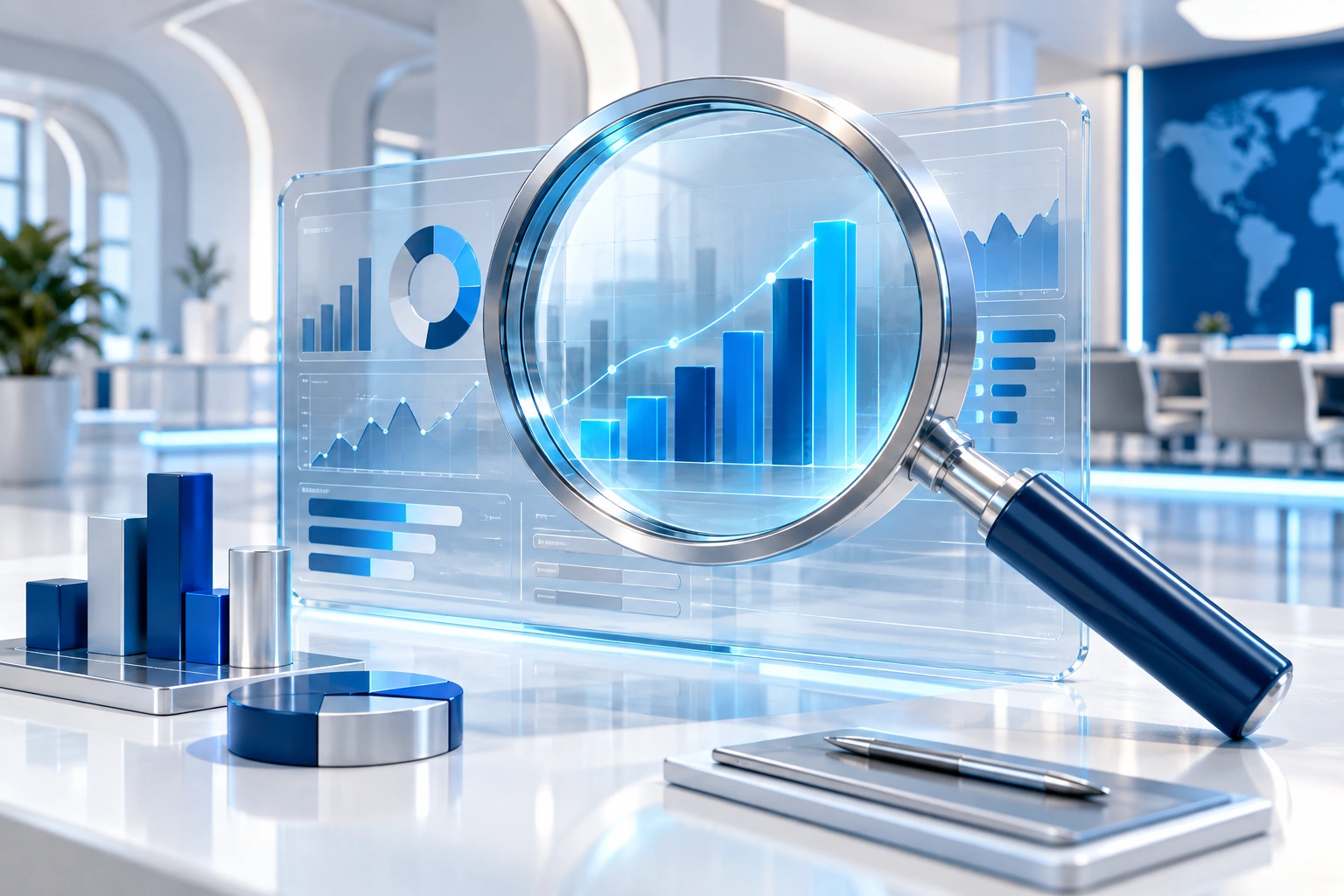 Magnifying lens over a dashboard, representing internal audit and MIS reporting